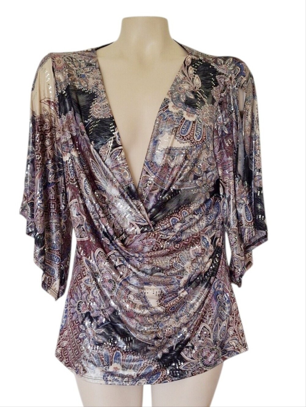 Dress Barn Paisley Surplice Drape Blouse Embellished Glitter Print XL